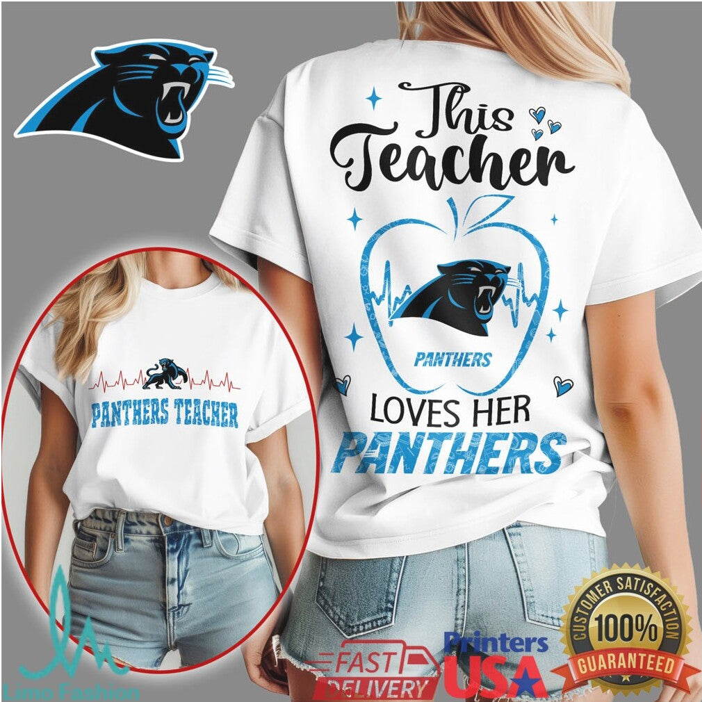 Panthers This Teacher Loves Her Panthers Apple Heartbeat T Shirt - Limotees LLC