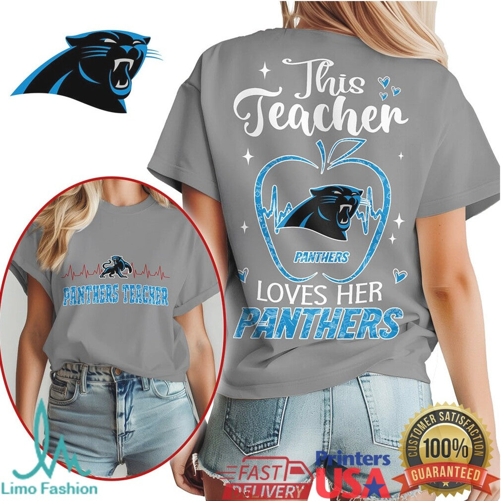 Panthers This Teacher Loves Her Panthers Apple Heartbeat T Shirt - Limotees LLC
