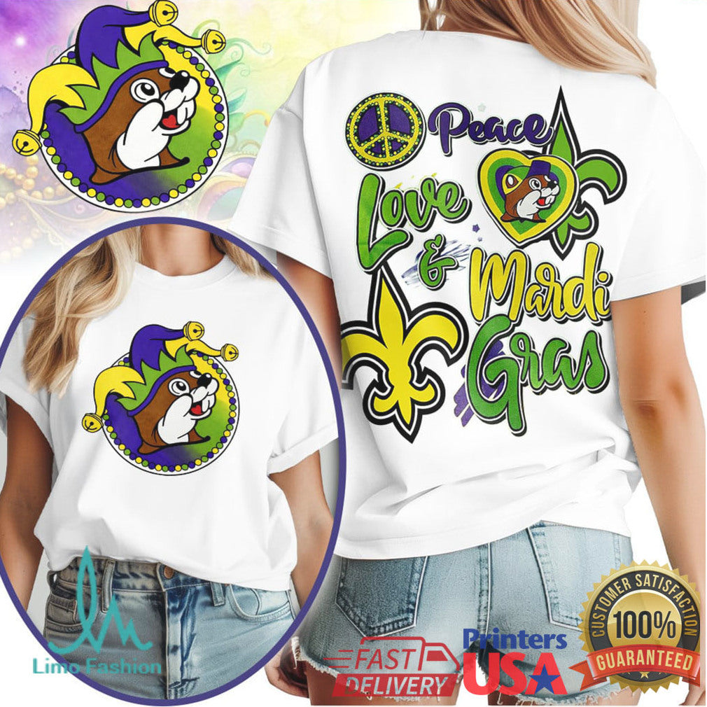 Peace Love & Mardi Gras Beaver Mascot Colorful Celebration T Shirt - Limotees LLC