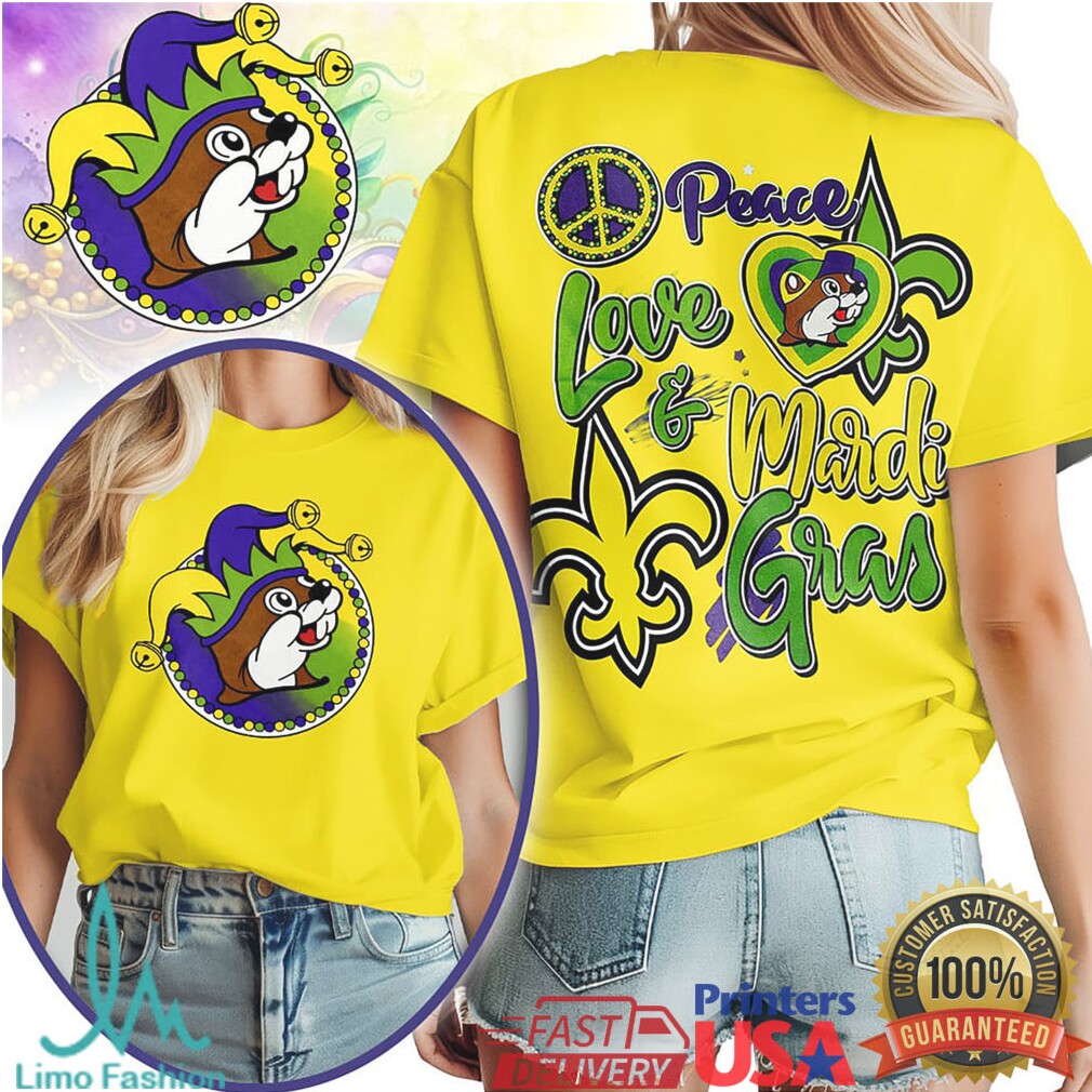 Peace Love & Mardi Gras Beaver Mascot Colorful Celebration T Shirt - Limotees LLC