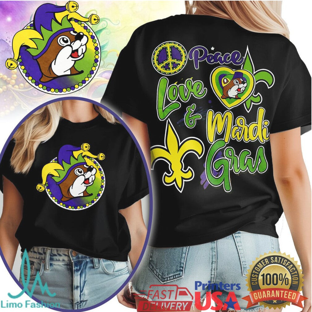Peace Love & Mardi Gras Beaver Mascot Colorful Celebration T Shirt - Limotees LLC