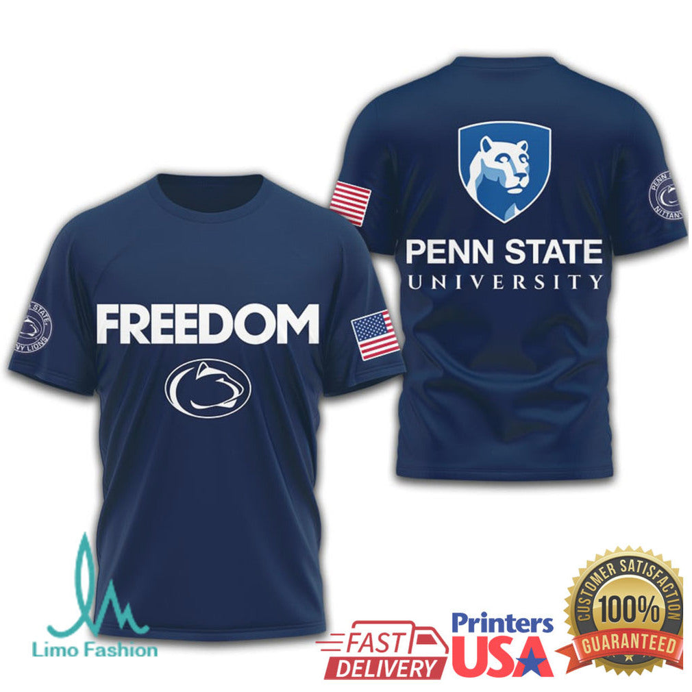 Penn State Nittany Lions PSU Freedom USA Flag Navy White Black T Shirt - Limotees LLC