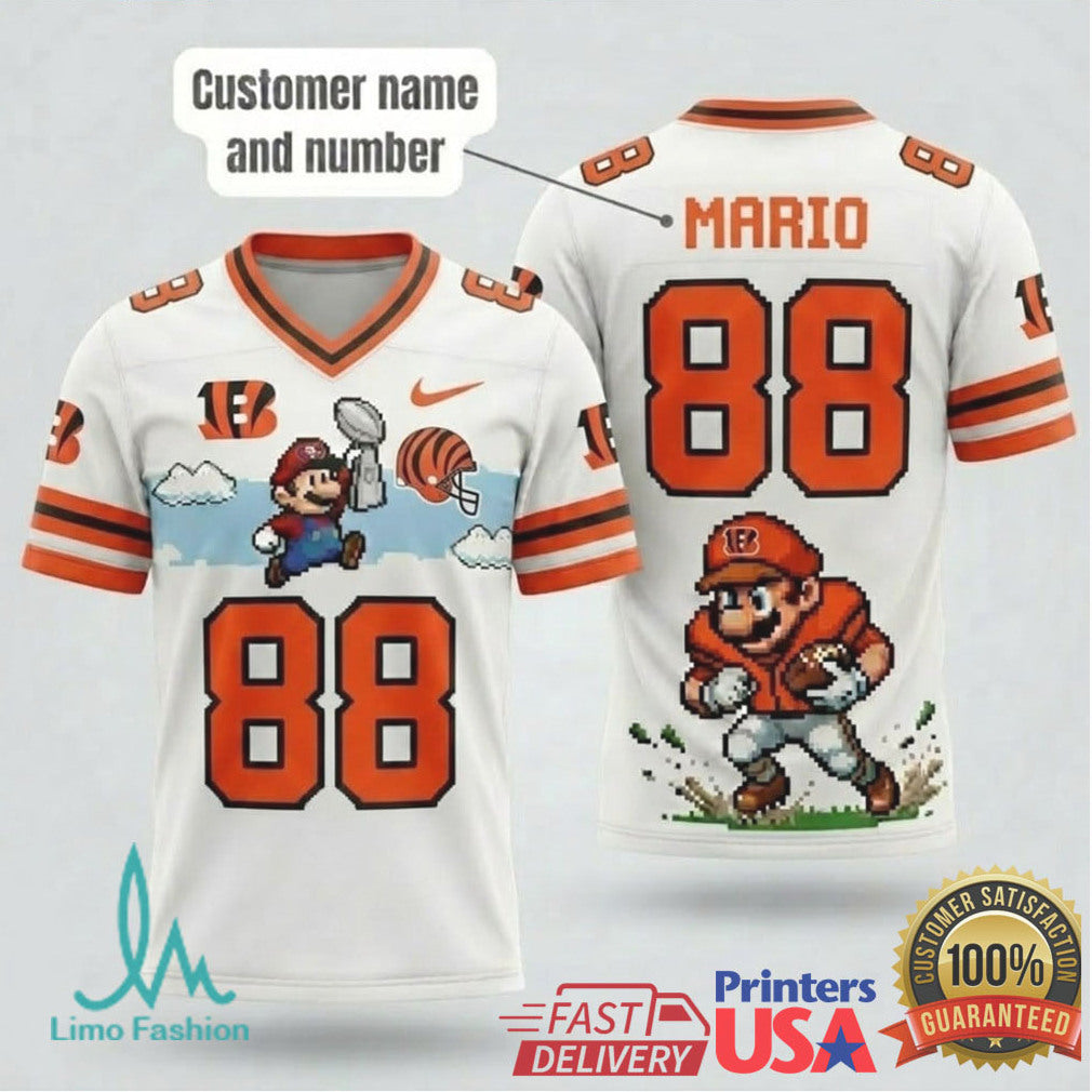 Personalized Cincinnati Bengals Retro Mario Football T Shirt Custom Name & Number Pixel Art - Limotees LLC