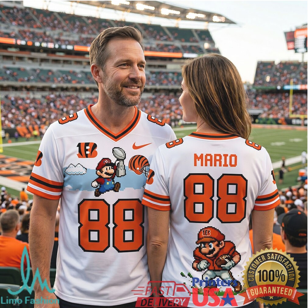 Personalized Cincinnati Bengals Retro Mario Football T Shirt Custom Name & Number Pixel Art - Limotees LLC
