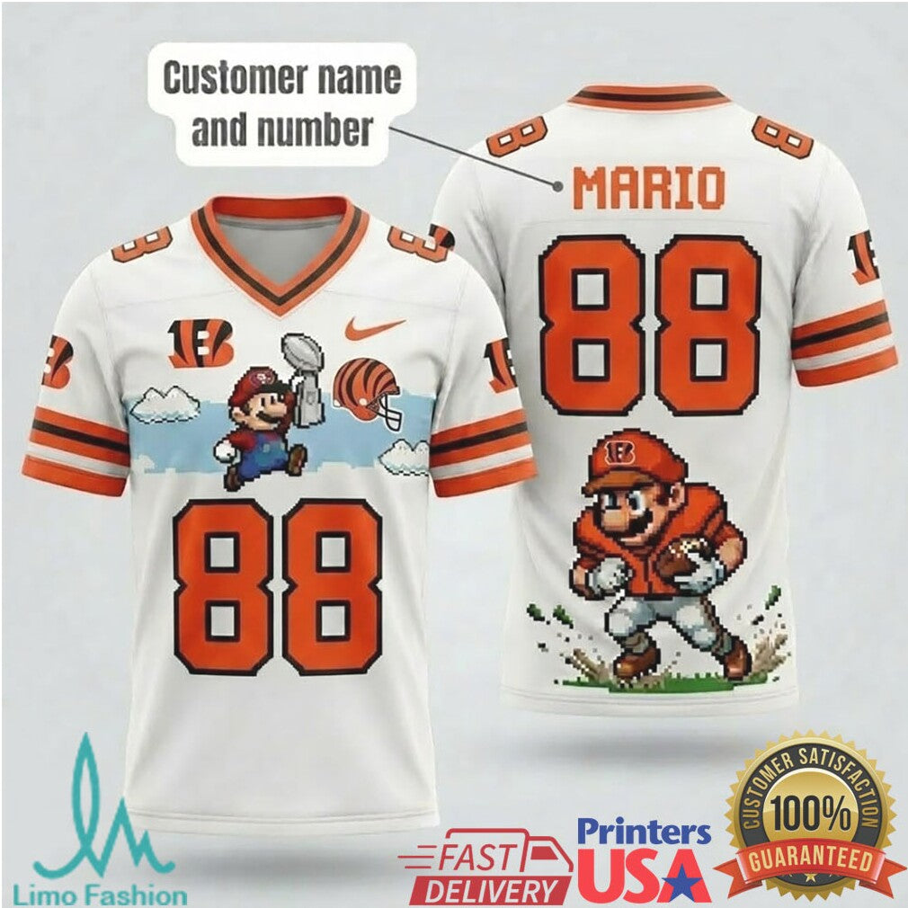 Personalized Cincinnati Bengals Retro Mario Football T Shirt Custom Name & Number Pixel Art - Limotees LLC