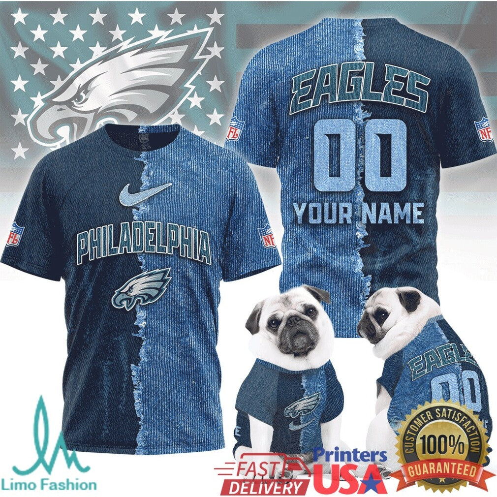 Philadelphia Eagles Custom Denim Texture NFL T Shirt Personalized Fan Apparel & Dog T Shirt - Limotees LLC