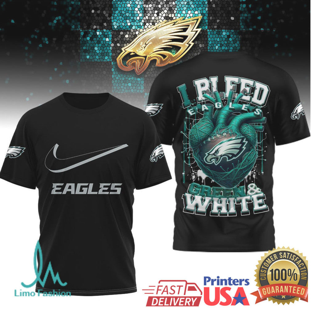 Philadelphia Eagles “I Bleed Green & White” Heart Graphic T Shirt - Limotees LLC