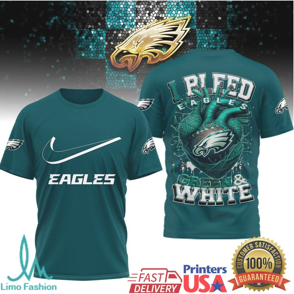 Philadelphia Eagles “I Bleed Green & White” Heart Graphic T Shirt - Limotees LLC