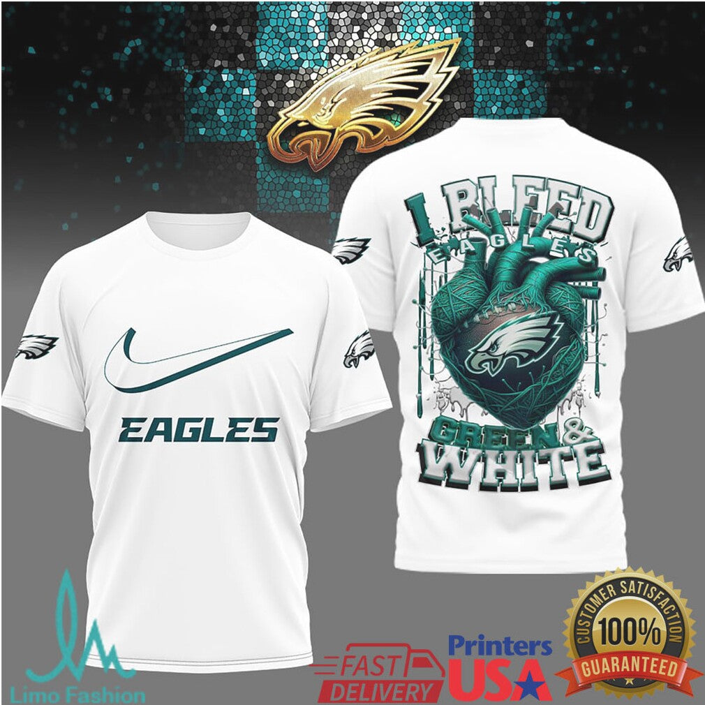 Philadelphia Eagles “I Bleed Green & White” Heart Graphic T Shirt - Limotees LLC