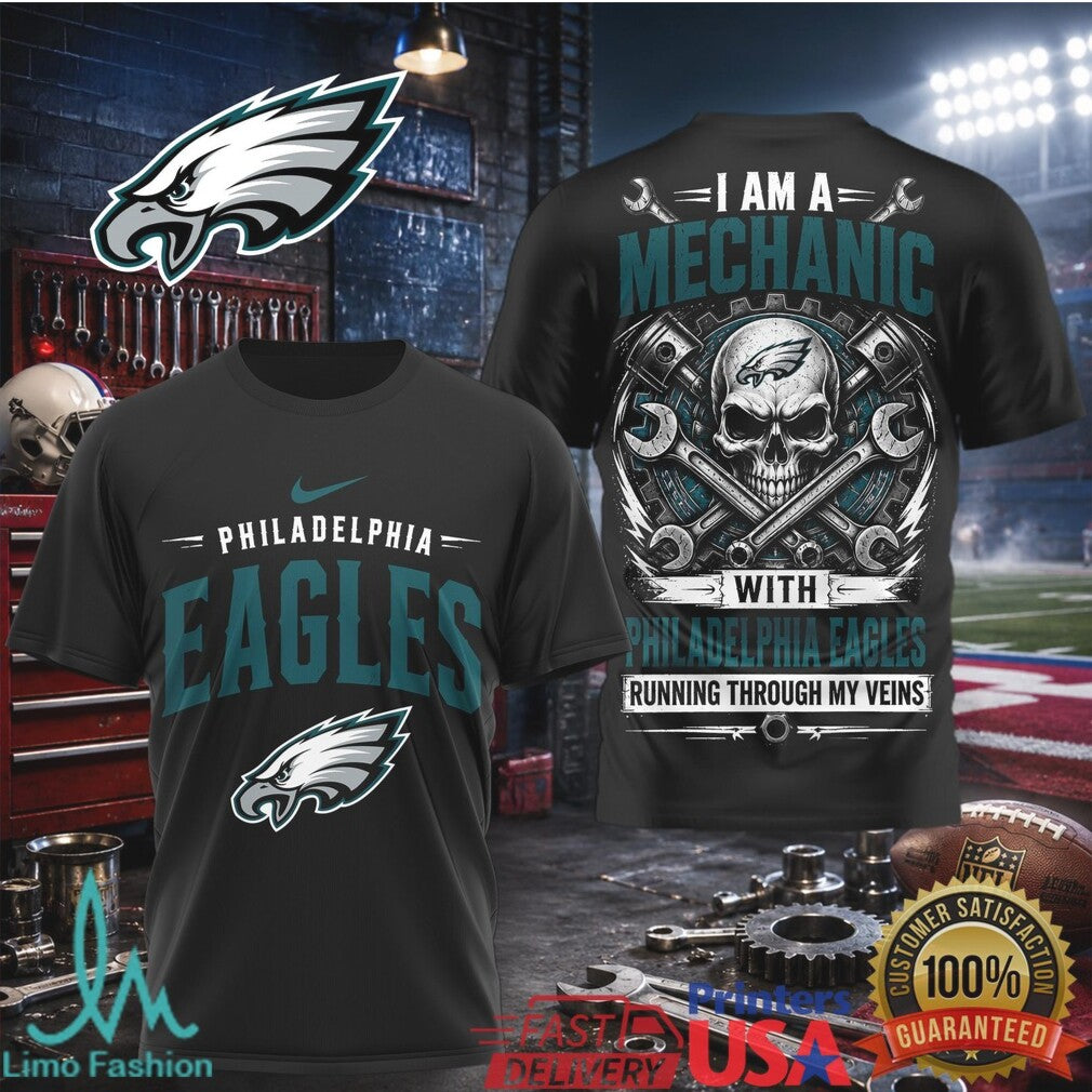 Philadelphia Eagles Mechanic Skull Running Through My Veins T Shirt - Limotees LLC