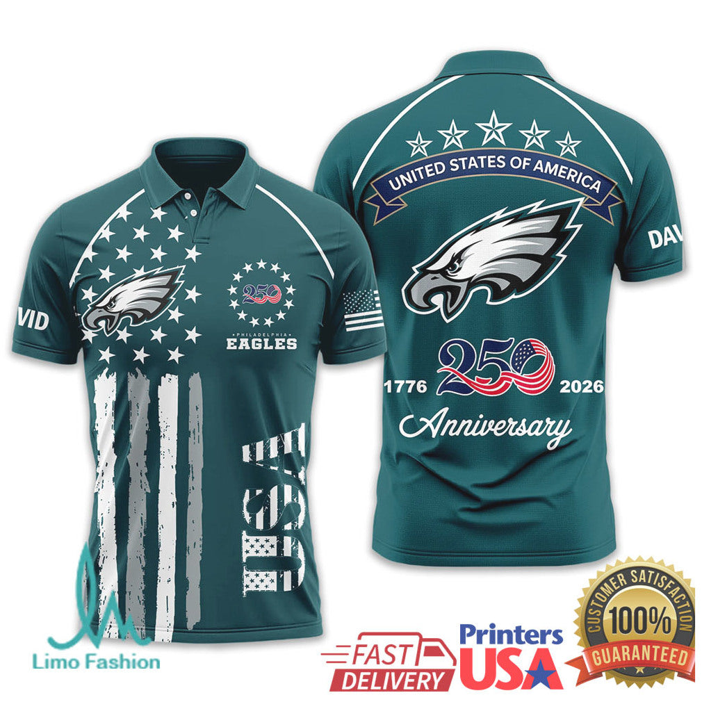 Philadelphia Eagles USA 250th Anniversary Custom Name T Shirt - Limotees LLC