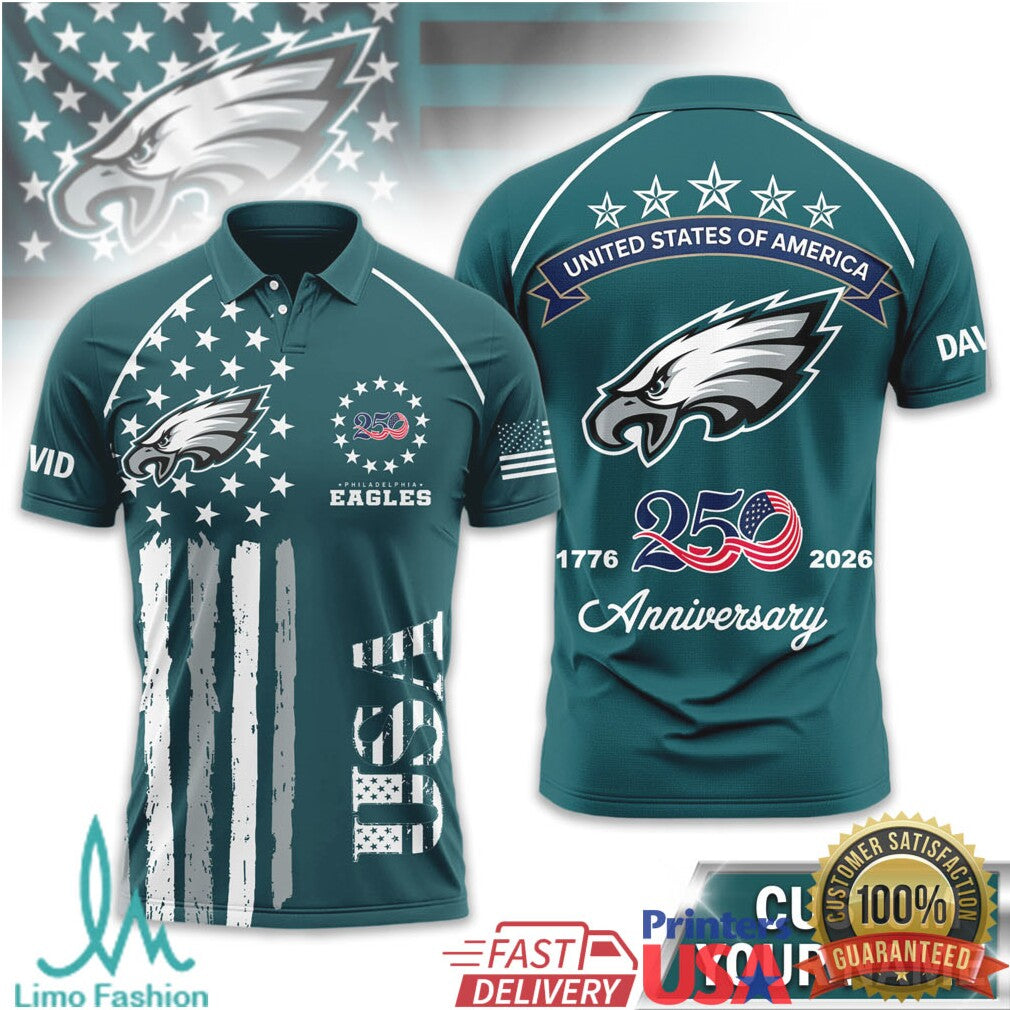 Philadelphia Eagles USA 250th Anniversary Custom Name T Shirt - Limotees LLC