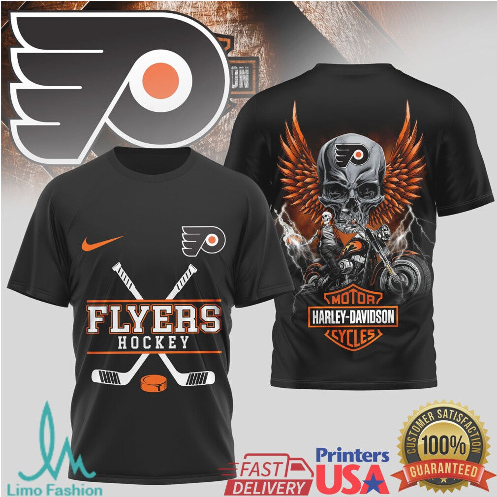 Philadelphia Flyers Hockey x Harley Davidson Skull Biker T Shirt - Limotees LLC