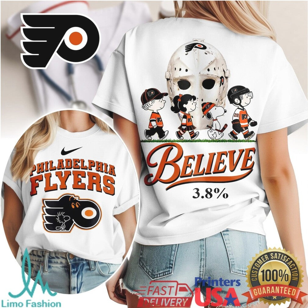 Philadelphia Flyers Peanuts Gang Believe Hockey Fan Graphic T Shirt - Limotees LLC