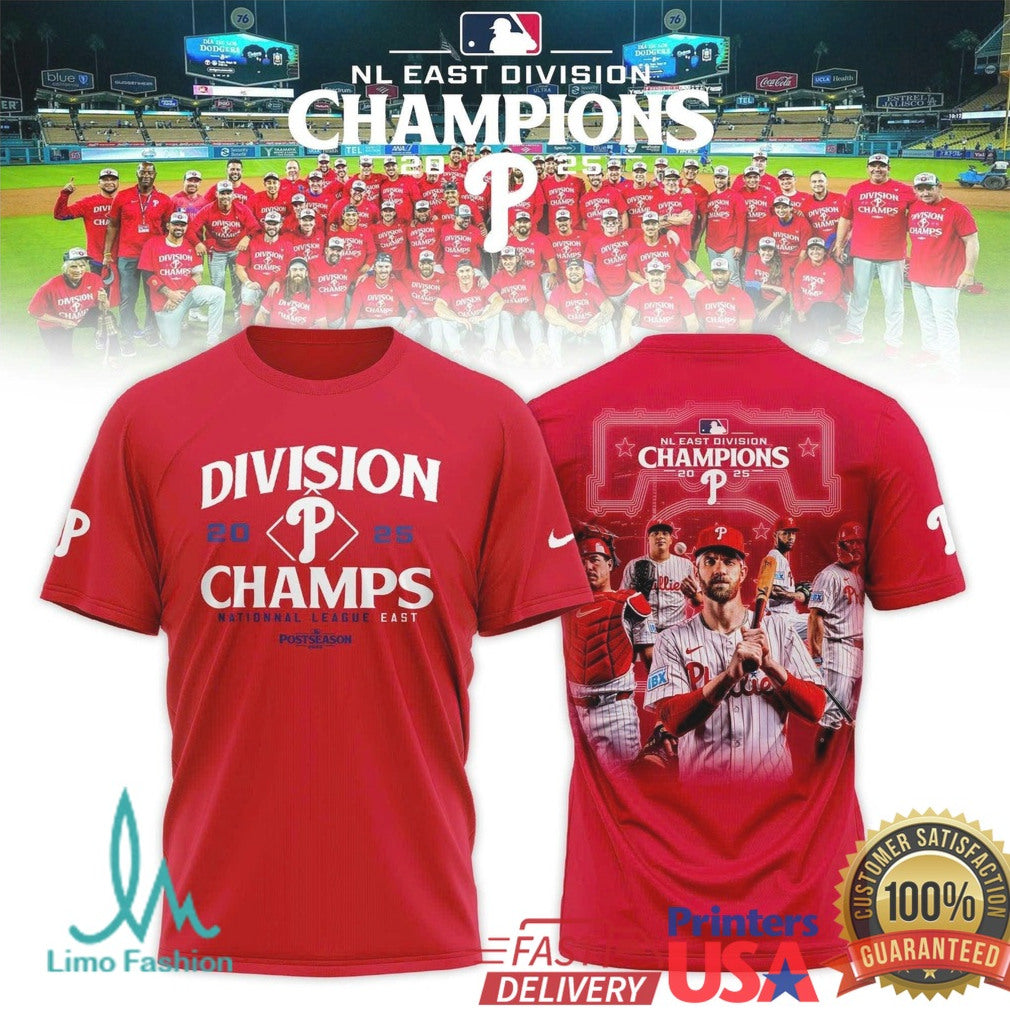 Philadelphia Phillies 2025 Division Champions Player Montage Red Fan T Shirt - Limotees LLC