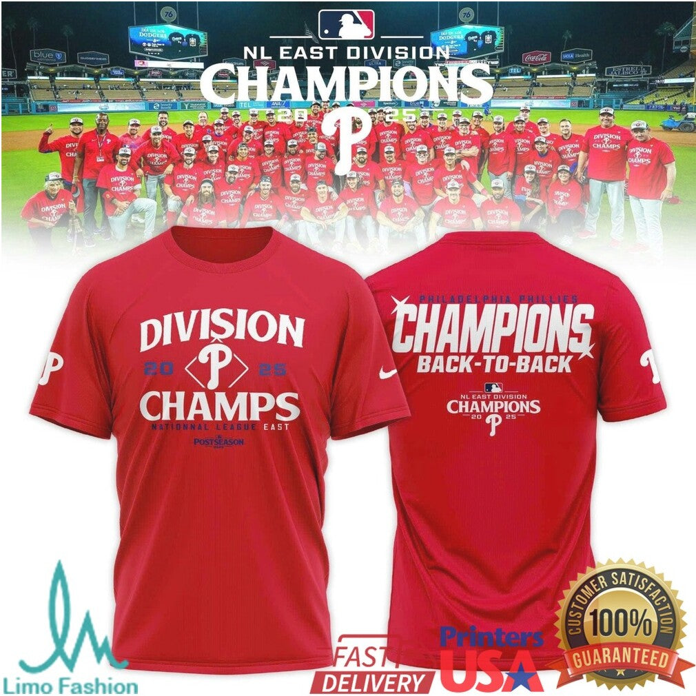 Phillies Back To Back NL East Division Champions 2025 Red Team Photo T Shirt - Limotees LLC