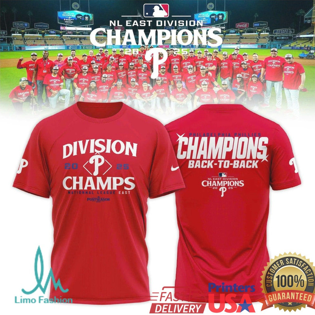 Phillies Back To Back NL East Division Champions 2025 Red Team Photo T Shirt - Limotees LLC