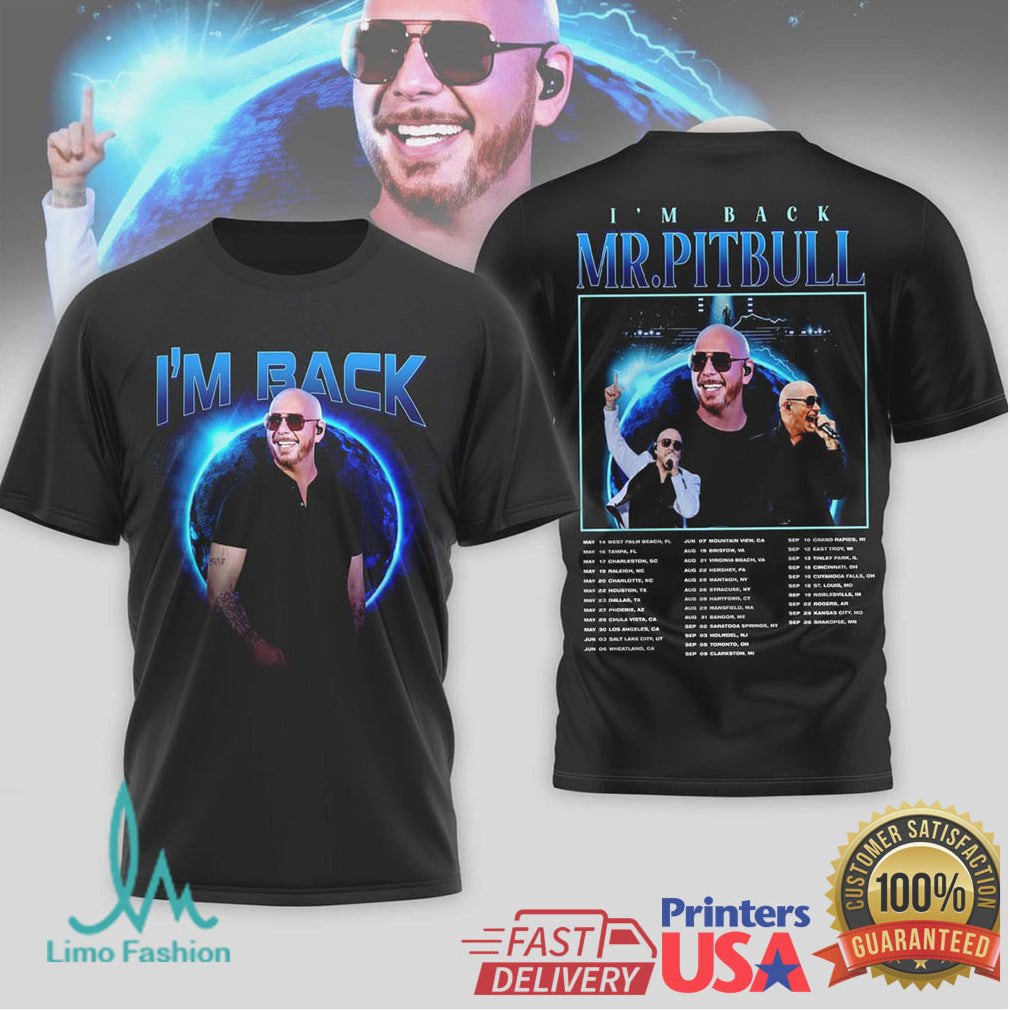 Pitbull I’m Back Mr. Worldwide 2026 Tour T Shirt Blue Earth Design - Limotees LLC