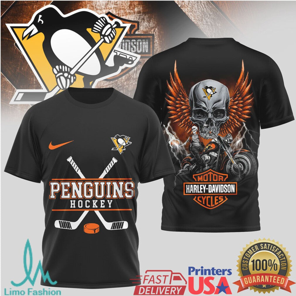 Pittsburgh Penguins Hockey x Harley Davidson Skull Biker T Shirt - Limotees LLC