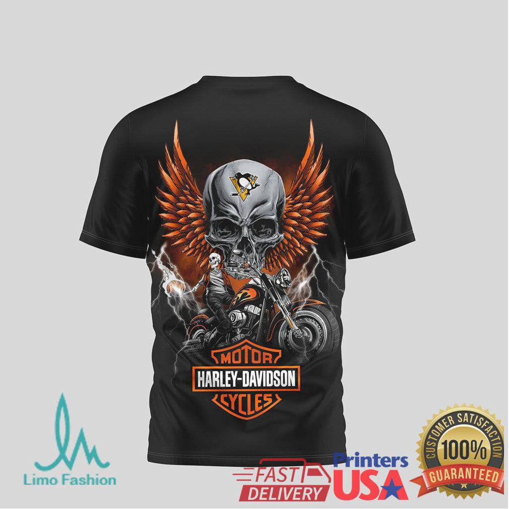 Pittsburgh Penguins Hockey x Harley Davidson Skull Biker T Shirt - Limotees LLC