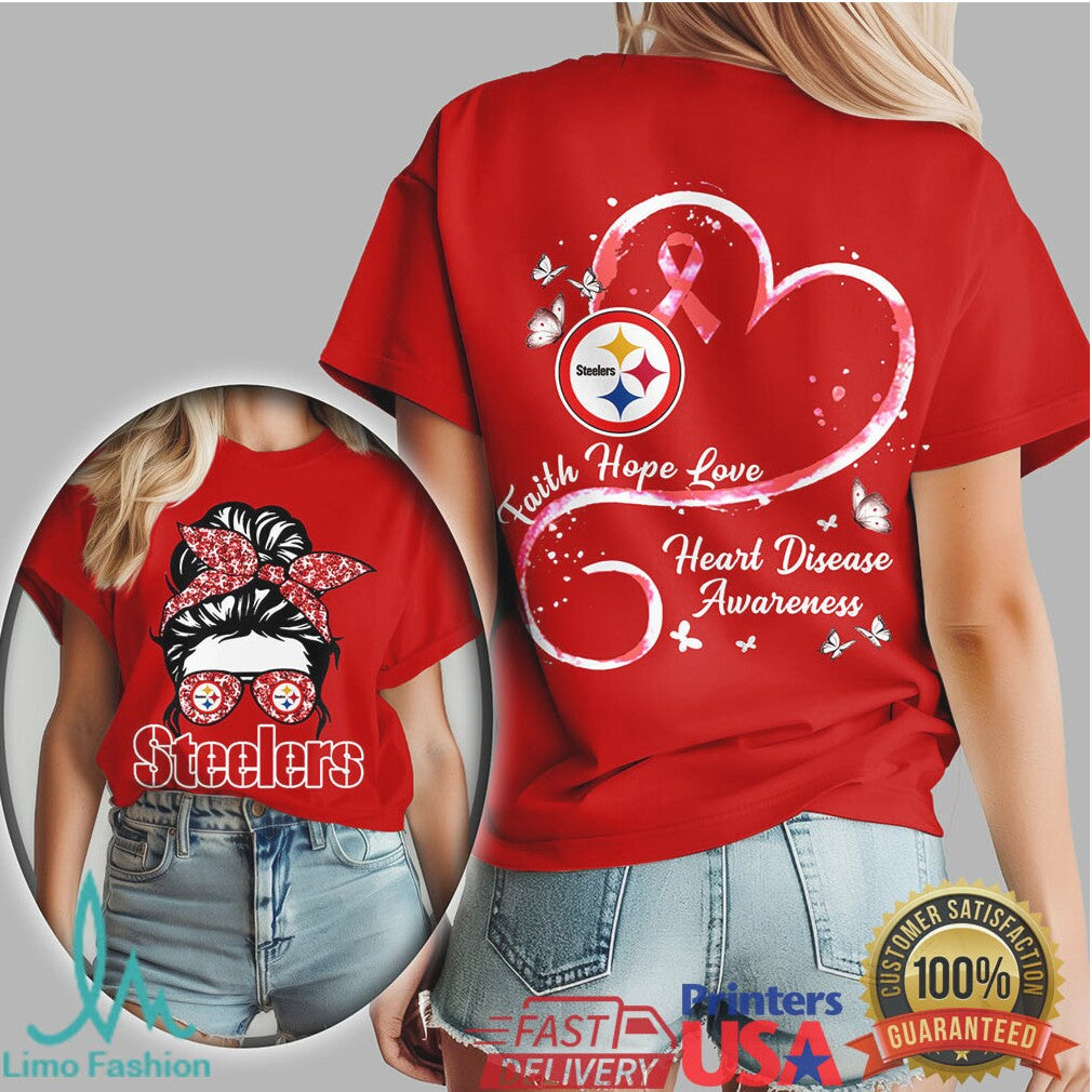 Pittsburgh ST Shirtlers Heart Disease Awareness Messy Bun Sunglasses Red T Shirt - Limotees LLC