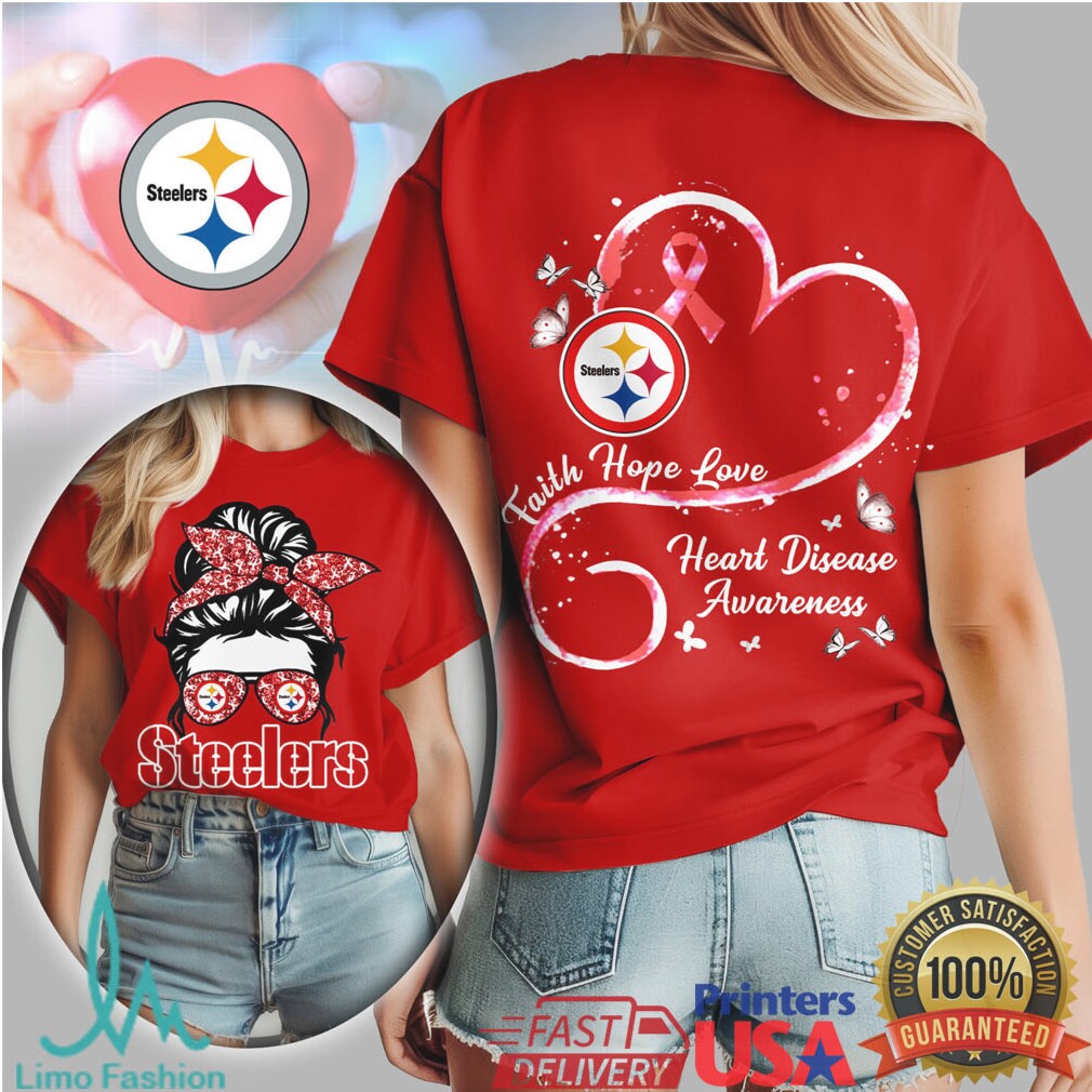 Pittsburgh ST Shirtlers Heart Disease Awareness Messy Bun Sunglasses Red T Shirt - Limotees LLC