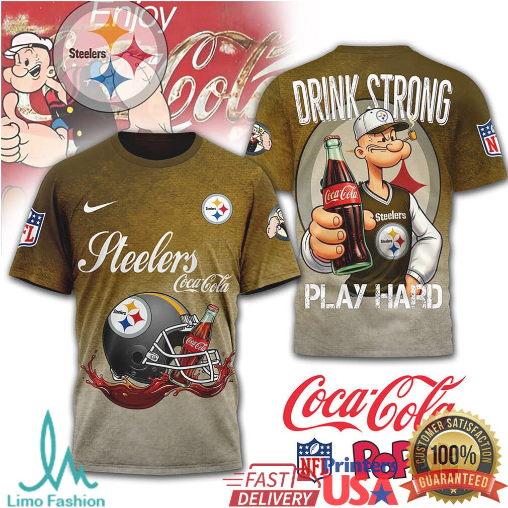 Pittsburgh ST Shirtlers NFL Popeye x Coca Cola “Drink Strong” Gold T Shirt - Limotees LLC