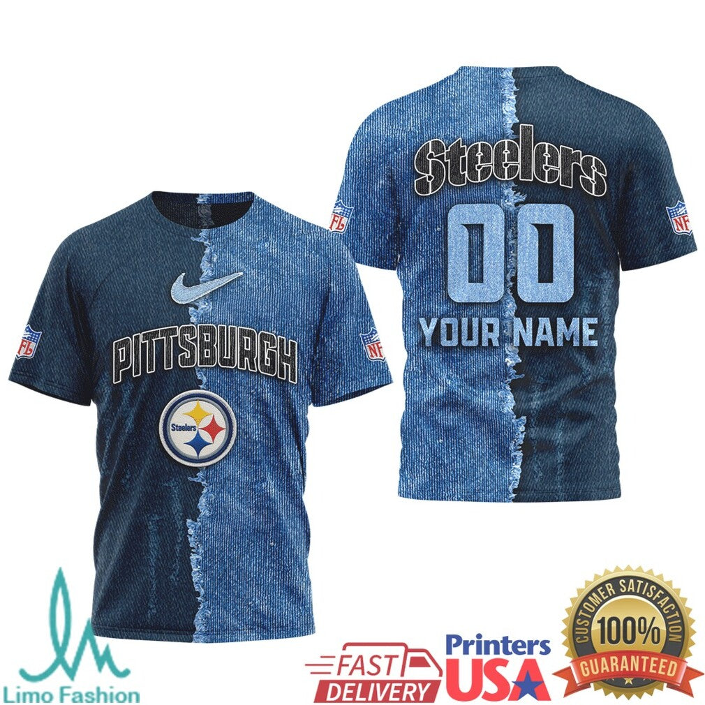 Pittsburgh Steelers Custom Denim Texture NFL T Shirt Personalized Fan Name & Number T Shirt - Limotees LLC