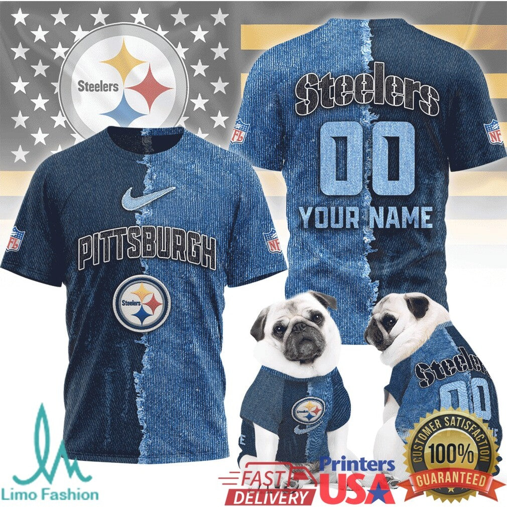 Pittsburgh Steelers Custom Denim Texture NFL T Shirt Personalized Fan Name & Number T Shirt - Limotees LLC