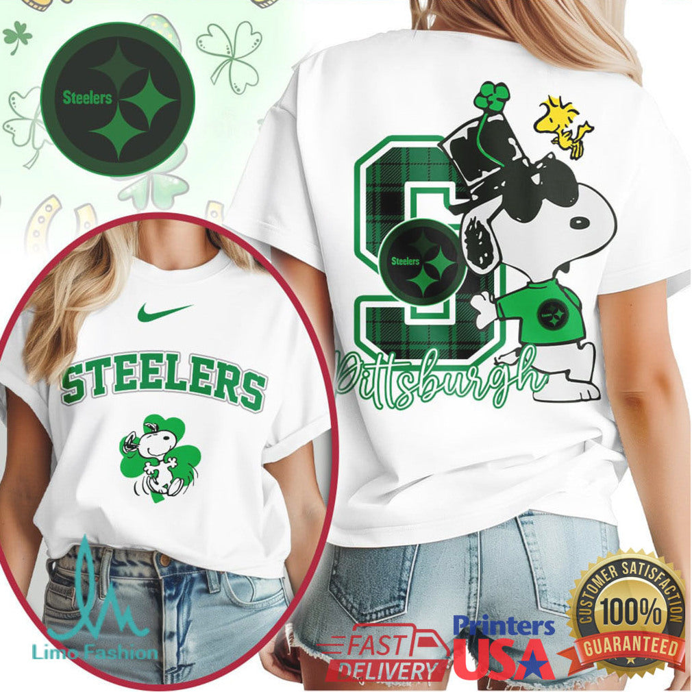 Pittsburgh Steelers St. Patrick's Day T Shirt Snoopy Lucky Green Clover - Limotees LLC