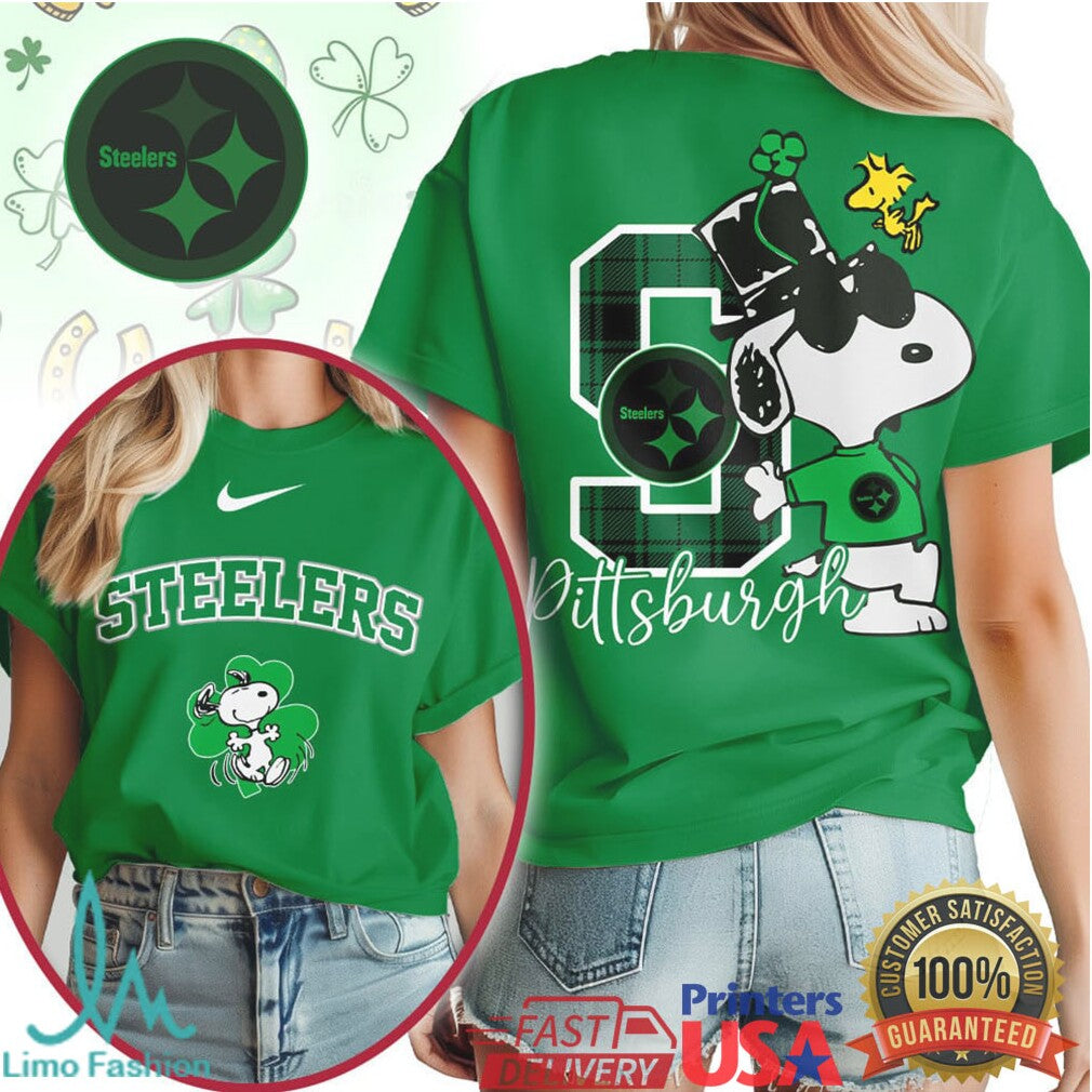 Pittsburgh Steelers St. Patrick's Day T Shirt Snoopy Lucky Green Clover - Limotees LLC