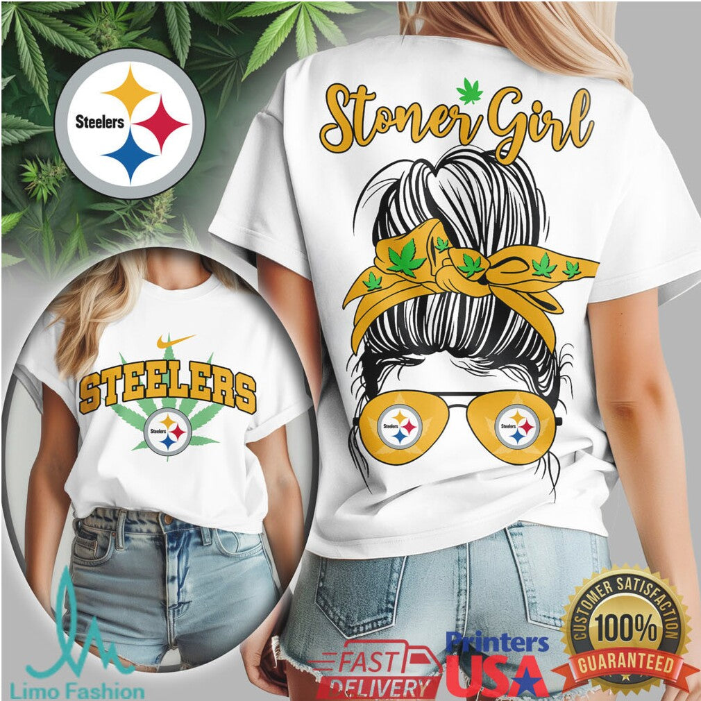 Pittsburgh Steelers Stoner Girl T Shirt Messy Bun Bandana Design - Limotees LLC