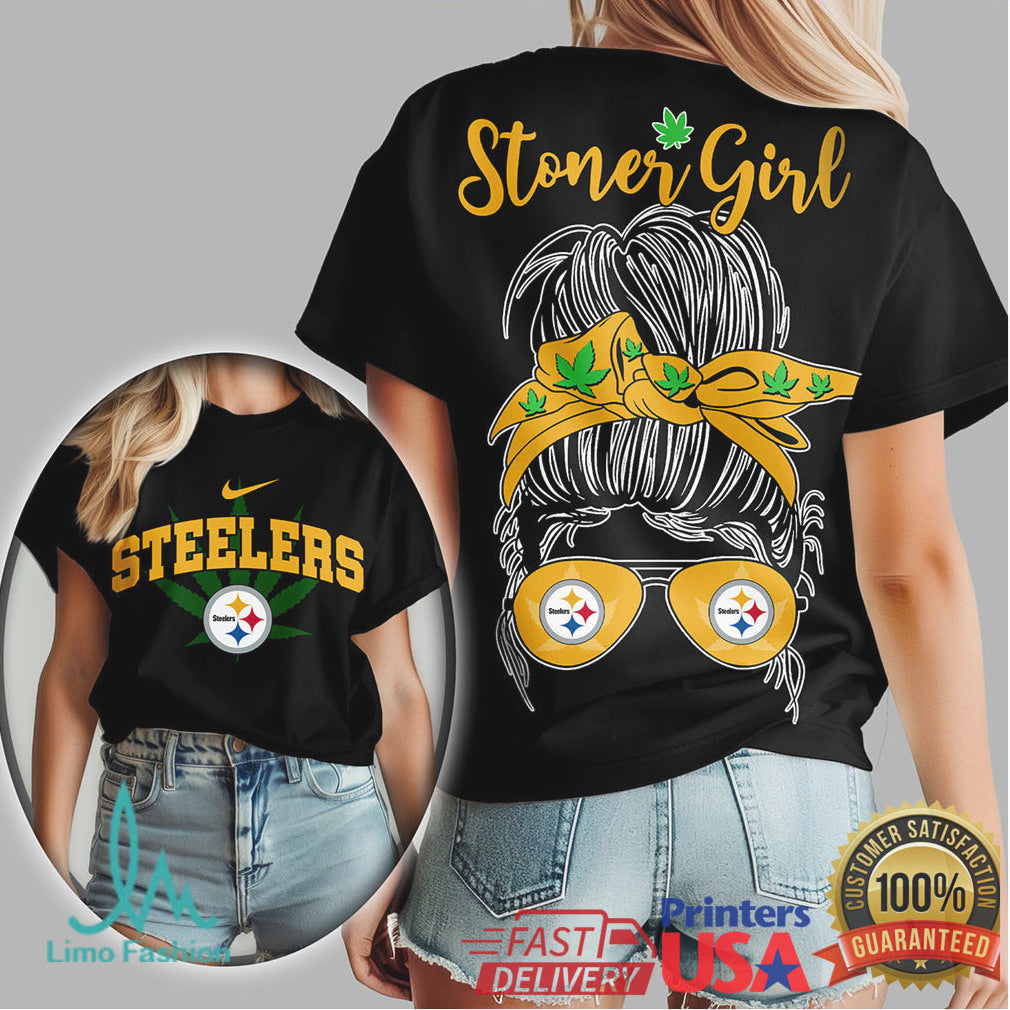 Pittsburgh Steelers Stoner Girl T Shirt Messy Bun Bandana Design - Limotees LLC