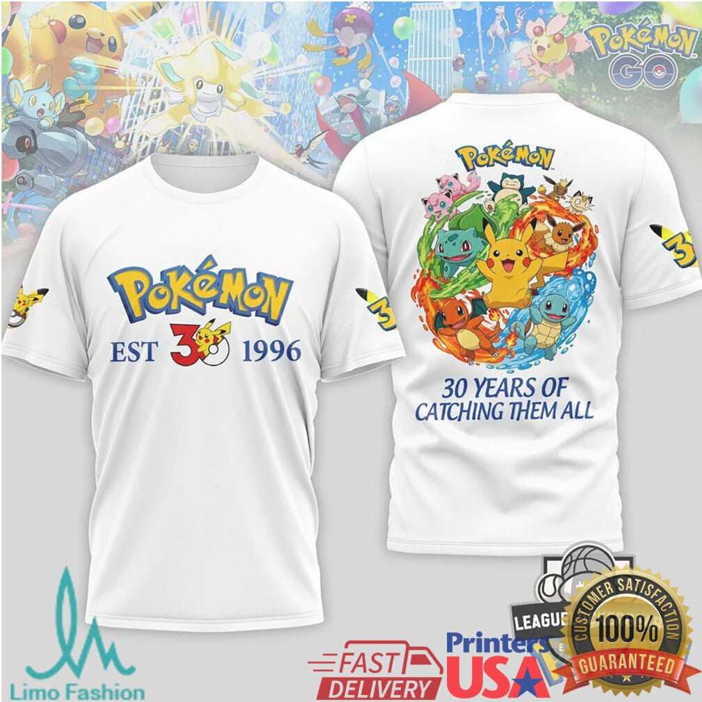 Pokémon 30 Years Of Catching Them All 1996 2026 Anniversary T Shirt - Limotees LLC