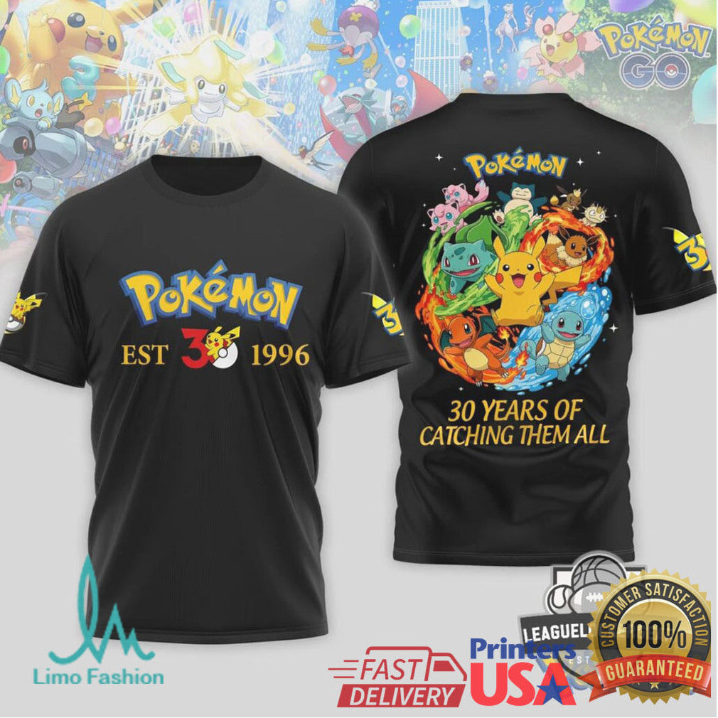 Pokémon 30 Years Of Catching Them All 1996 2026 Anniversary T Shirt - Limotees LLC