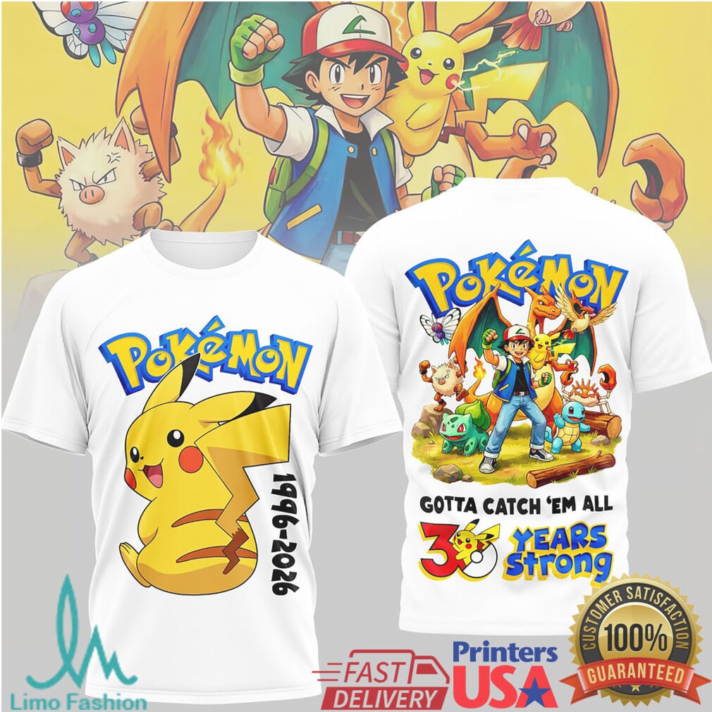 Pokemon 30 Years Strong 1996 2026 Pikachu Anniversary Graphic T Shirt - Limotees LLC