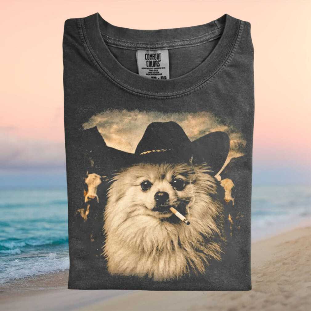 Pomeranian Cowboy Hat Smoking Dog Vintage Graphic T Shirt - Limotees LLC