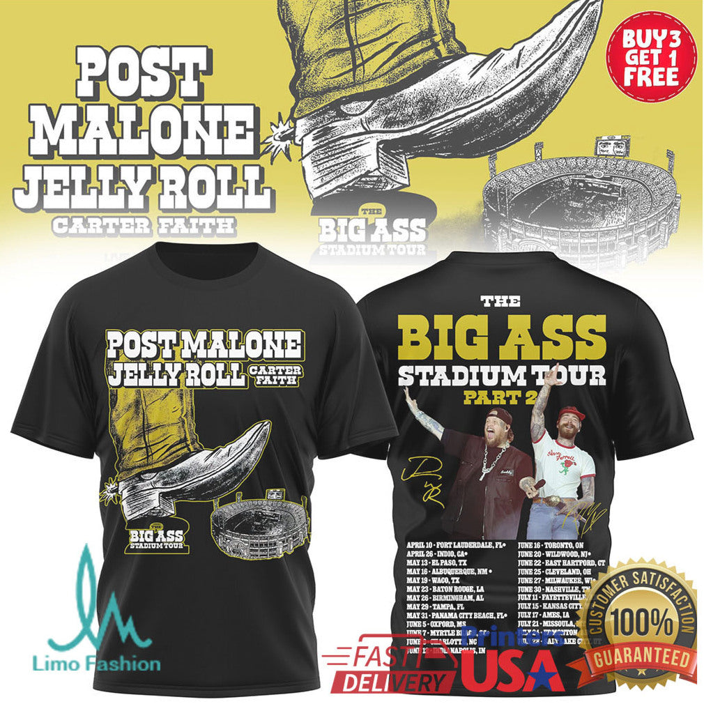 Post Malone & Jelly Roll The Big Ass Stadium Tour 2026 Concert T Shirt - Limotees LLC