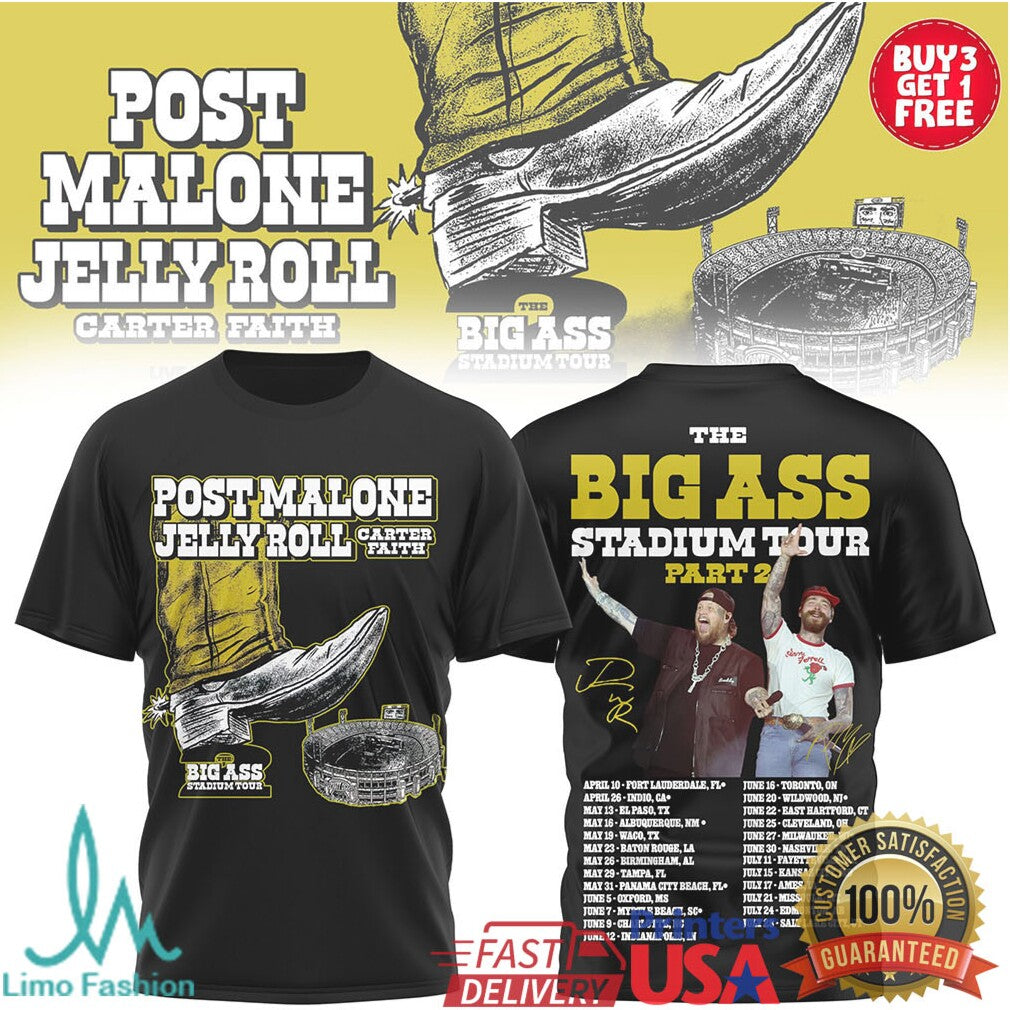 Post Malone & Jelly Roll The Big Ass Stadium Tour 2026 Concert T Shirt - Limotees LLC