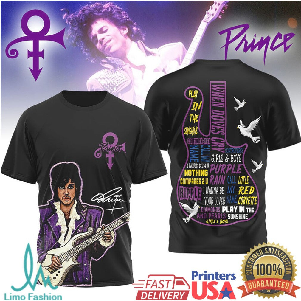 Prince When Doves Cry Purple Rain Signature Guitar Tribute t shirt - Limotees LLC
