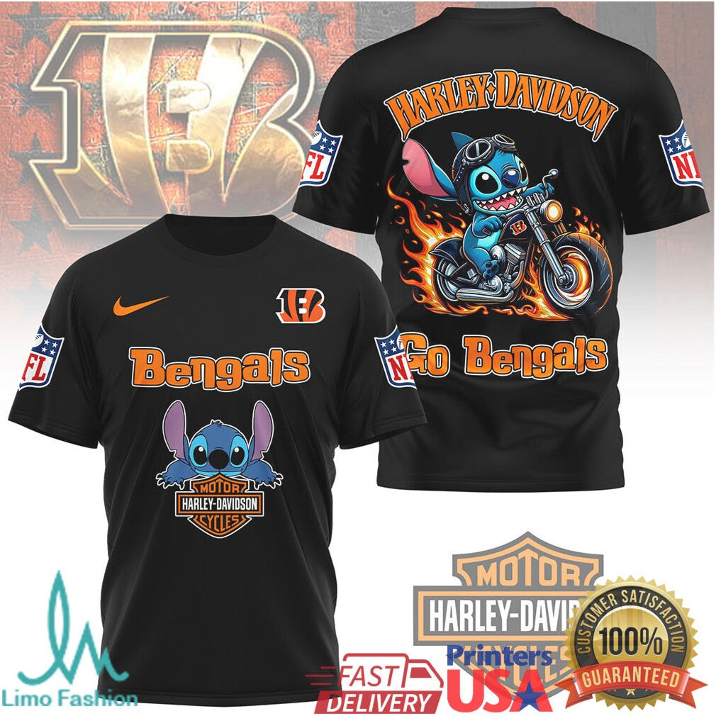 Cincinnati Bengals Official NFL Stitch Harley Davidson 3D Shirt - Limotees LLC