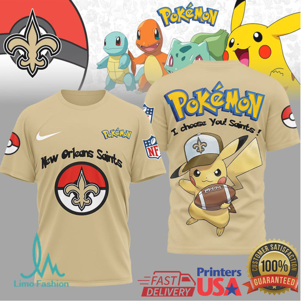 New Orleans Saints Official NFL I Choose You Pikachu 3D Shirt - Limotees LLC