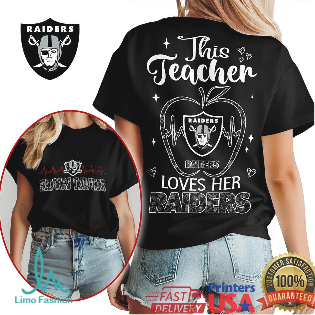 Raiders Teacher Heartbeat Apple This Teacher Loves Her Raiders T Shirt - Limotees LLC