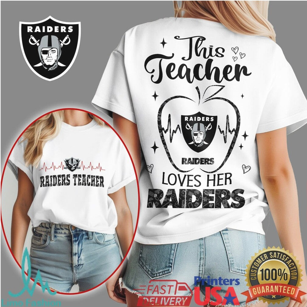 Raiders Teacher Heartbeat Apple This Teacher Loves Her Raiders T Shirt - Limotees LLC