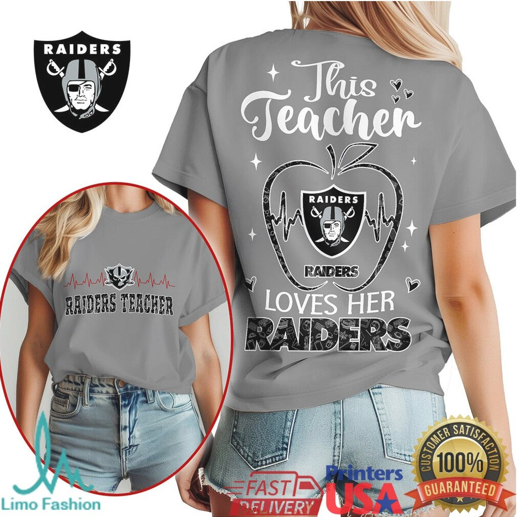 Raiders Teacher Heartbeat Apple This Teacher Loves Her Raiders T Shirt - Limotees LLC