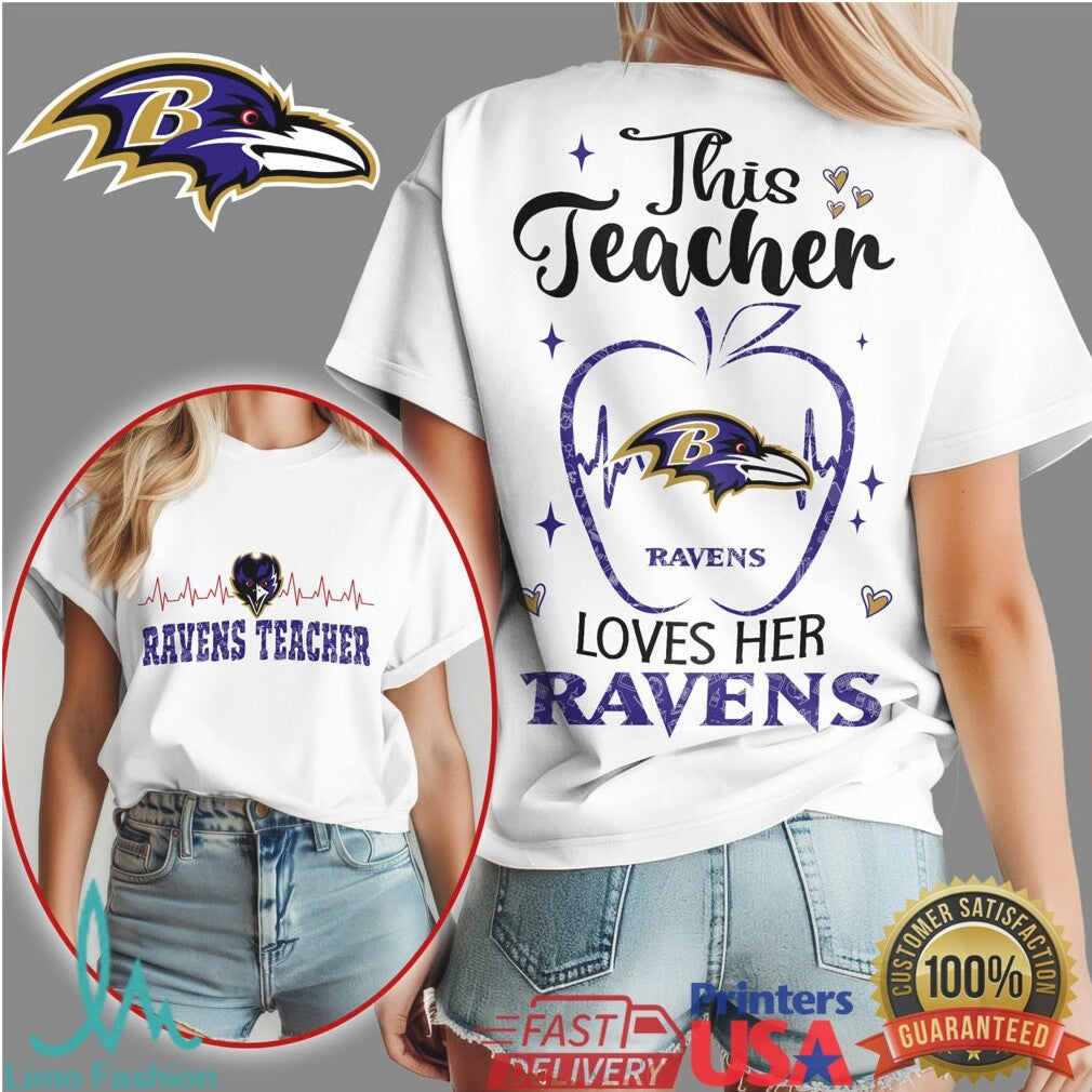 Ravens Teacher Heartbeat Apple This Teacher Loves Her Ravens T Shirt - Limotees LLC