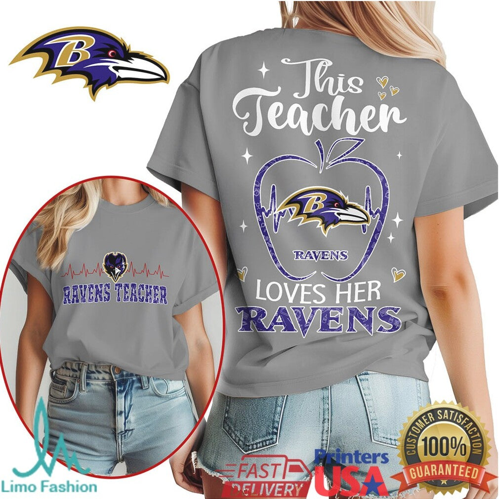 Ravens Teacher Heartbeat Apple This Teacher Loves Her Ravens T Shirt - Limotees LLC