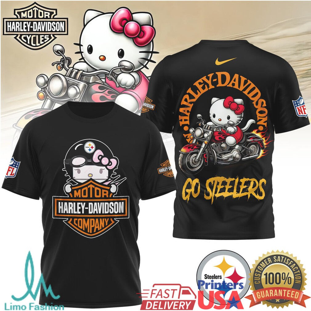 Pittsburgh Steelers Official NFL Hello Kitty Harley Davidson 3D Shirt - Limotees LLC