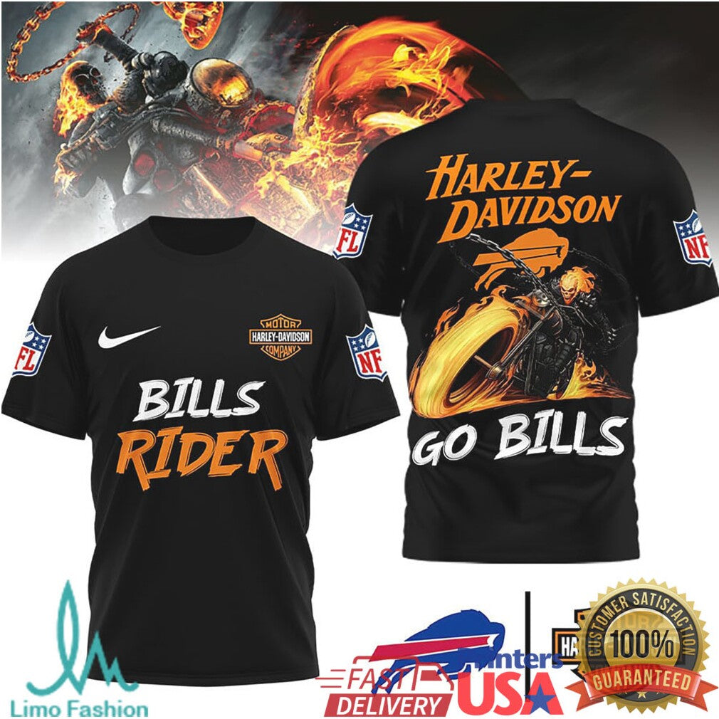 Buffalo Bills Official NFL Ghost Rider Harley Davidson 3D Shirt - Limotees LLC