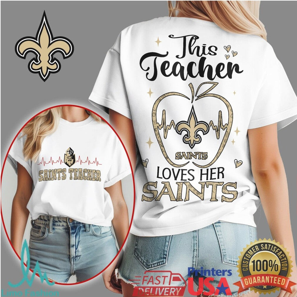 Saints Teacher Heartbeat Apple This Teacher Loves Her Saints T Shirt - Limotees LLC